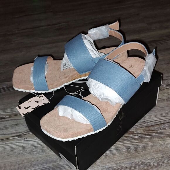 mysoft Womens Wooden grain  wedged Open Toe Chunky Heel Sandals  Sz 9 NWB - Picture 2 of 9